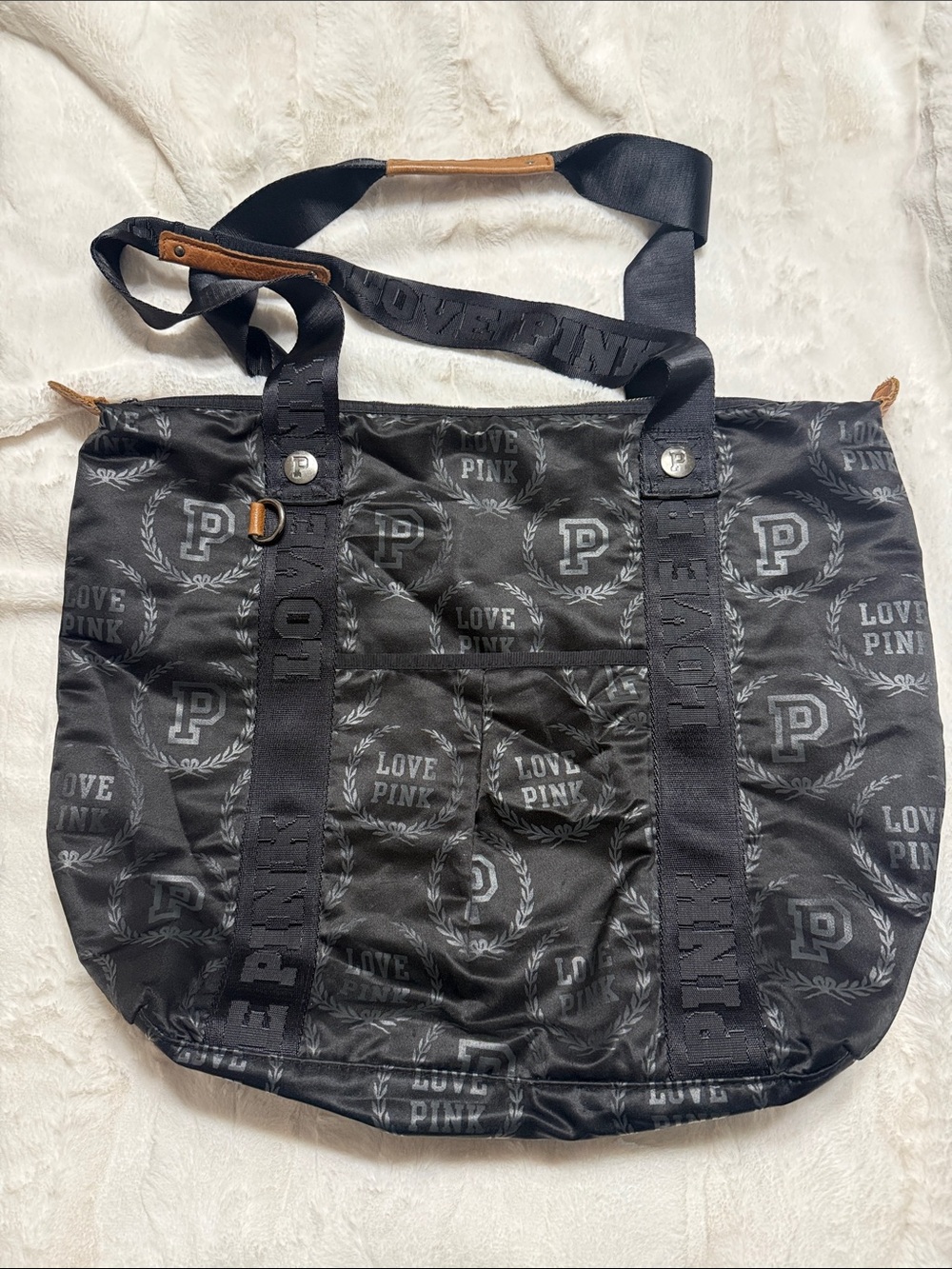 Victoria's Secret PINK Black Satin Monogram Tote Bag 14β tall, 13β wide & 6β dee